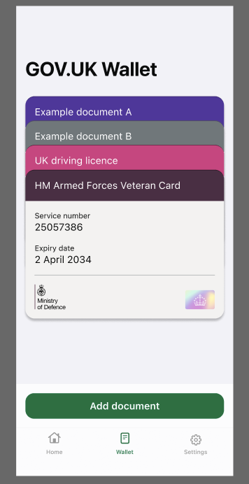 An image of an app screen of GOV.UK wallet with example documents 