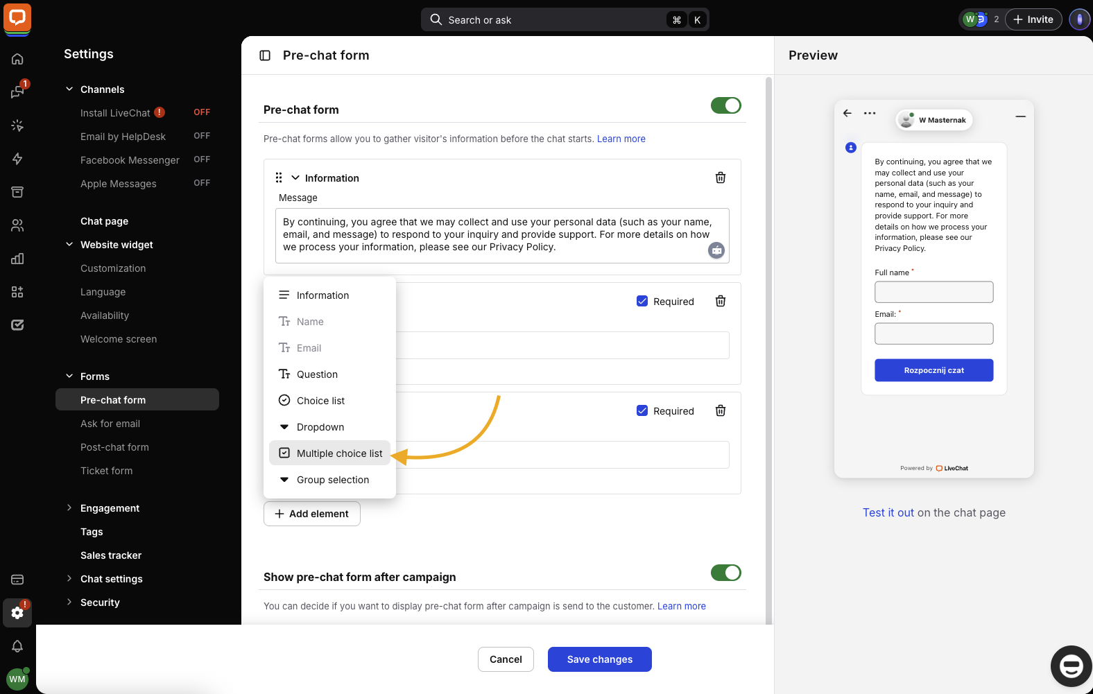 Chat form: Choosing Multiple choice list.